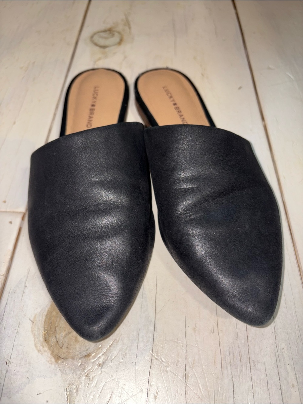 Lucky Brand Black Pointed Toe Leather Slip-On Mules Women’s Size 8